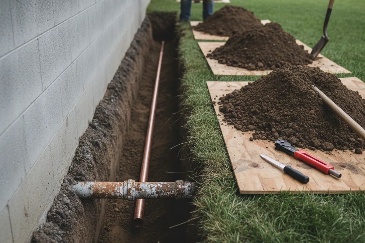 Excavated water line trench during Water Softener Installation in Docena